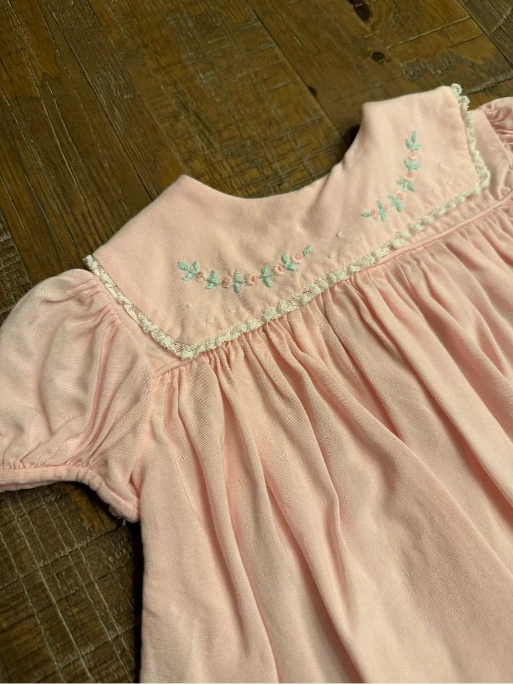 Vintage Nannette Baby Girl Pink Collared Dress Embroidered Flowers 6-9 Months